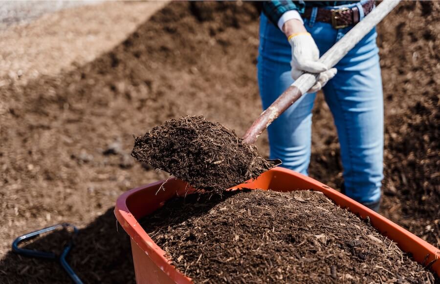 shoveling mulch out of orange wagon