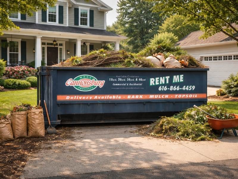 Dumpster in driveway with yardwaste
